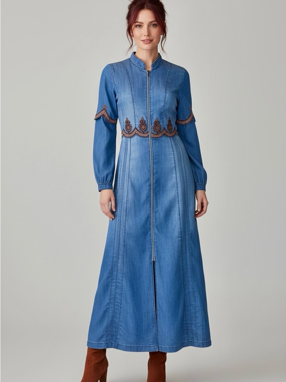Vintage Y2K Denim Embroidered Boho Maxi Duster or Coat Dress | S M - Picture 8 of 16